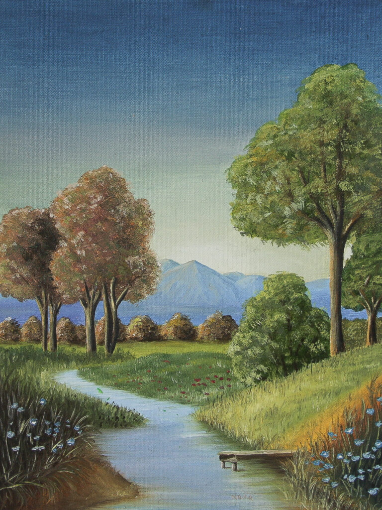 Gemälde in Öl mit einem Bach, der sich durch eine Landschaft schlängelt