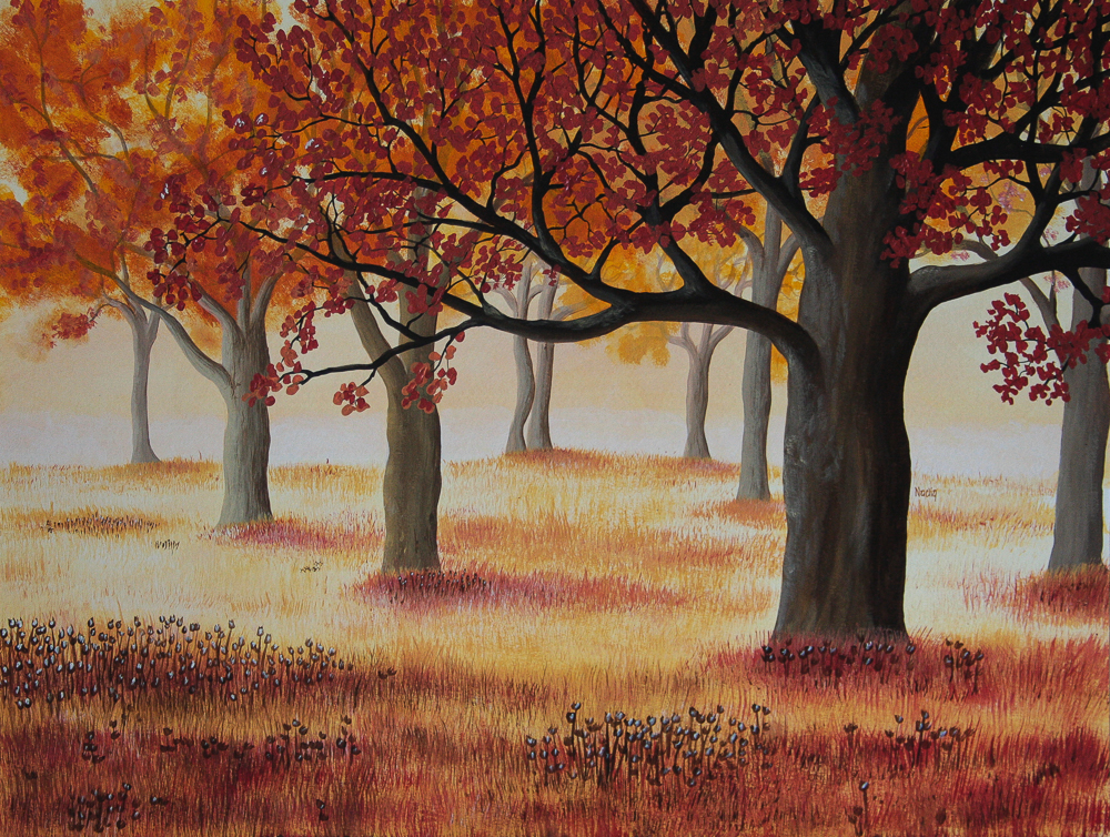 Gemälde mit einem Herbstwald in leuchtenden Farben