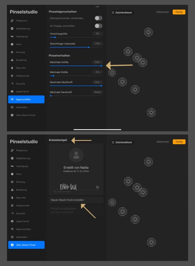 Procreate Stempel erstellen: Pinseleigenschaften im Pinsenstudio ändern