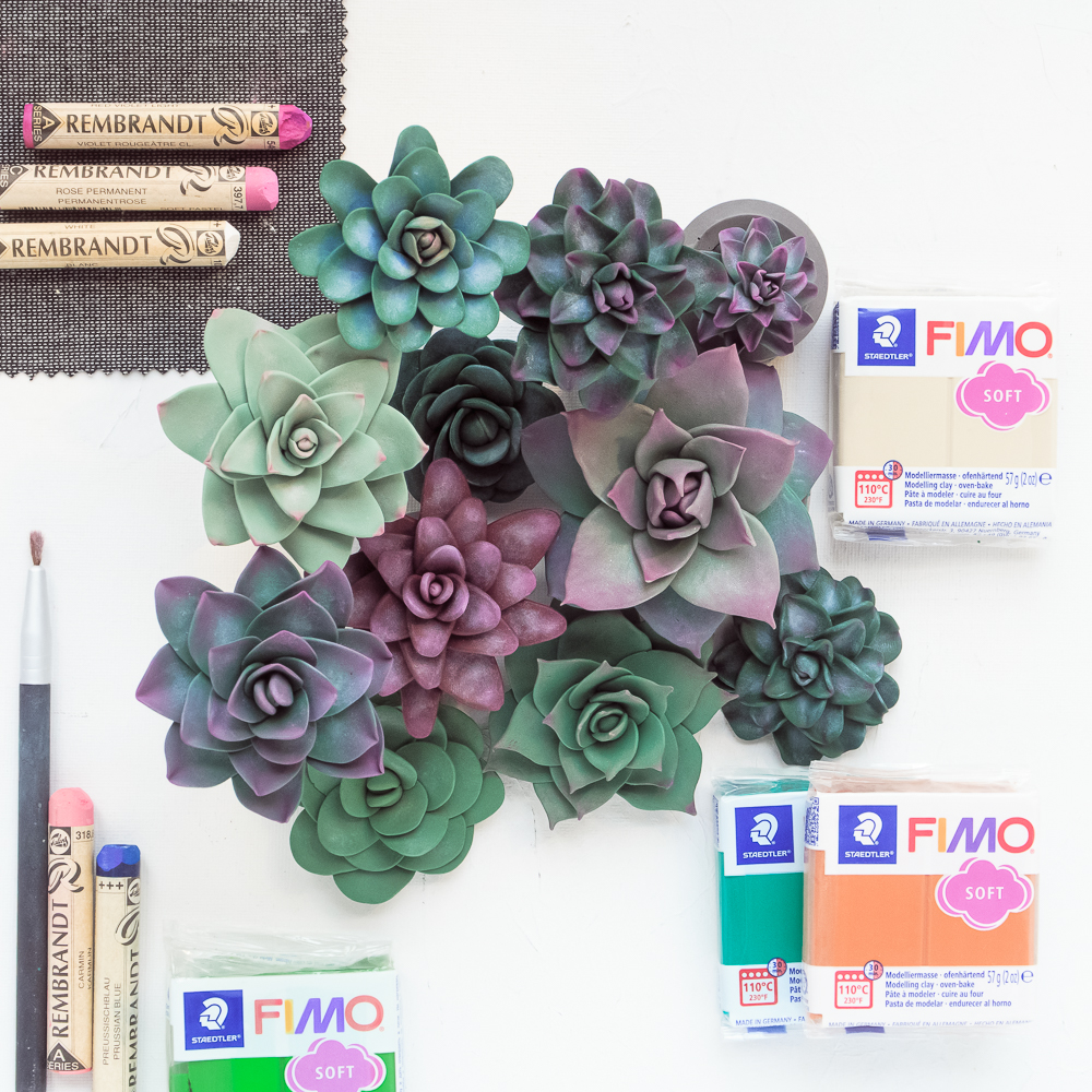 Fimo Sukkulenten aus Fimo Modelliermasse und mit Pastellkreiden farblich akzentuiert
